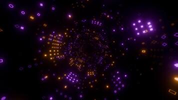 Seamless loop animation with digital tunnel made of glowing orange and purple elements on a dark background. Smooth flying through round dotted corridor with bright neon lights. Looped 4K 60fps video