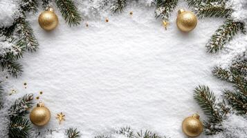 white snow background with green pine branches and Christmas ornament frame decoration with empty space photo