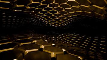 Three dimensional waves made of glossy golden hexagon blocks smoothly floating on a dark background. Abstract animation for science, technology, business and art performance. 3D render, 4k 60 fps video