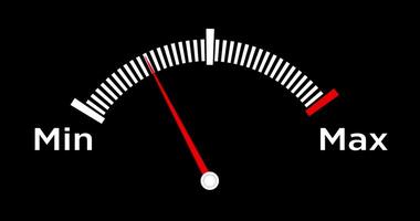 Gauge with moving red arrow from Min to Max. Measuring instrument, scale level indicator isolated on black background video