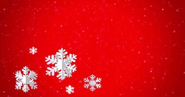 Christmas festive placeholder. New Year greeting card with snowflake in the corner. Falling snow on red background with copy-space, Loopable animation video