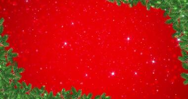 Christmas card placeholder. Seamless loop festive animation with place for text. Blinking sparks, falling snowflakes on red background video