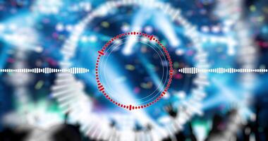 Sound waveform with blurred disco lights on background. Seamlessly looped red circle audio visualization video