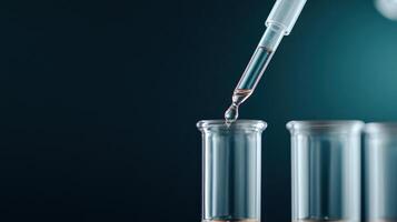 close up view of pipette dropping liquid into test tube, showcasing precision in laboratory setting. background is softly blurred, enhancing focus on glassware photo