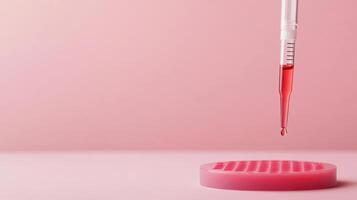 Detailed shot of pipette dispensing liquid into petri dish, showcasing precision in laboratory setting. soft pink background adds calming effect photo