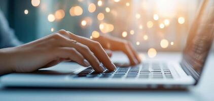 Hands typing on laptop keyboard with blurred background of lights, creating warm and focused atmosphere photo