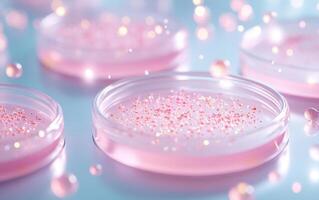 High resolution close up of Petri dishes with pink culture medium and glittering particles, creating dreamy and scientific atmosphere photo