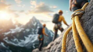 Climbers preparing to ascend rocky mountain with safety gear and ropes, showcasing teamwork and adventure in stunning landscape photo