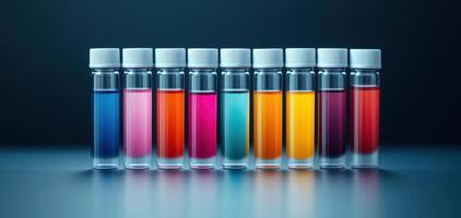Colorful test tubes filled with vibrant liquids arranged in row, showcasing spectrum of hues. transparent tubes create striking visual effect against dark background photo