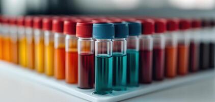Close up on transparent test tubes filled with vibrant colored liquids, showcasing variety of hues in laboratory setting. arrangement creates visually striking pattern photo