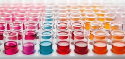 Close up on transparent test tubes filled with vibrant colored liquids, showcasing spectrum of pink, blue, orange, and red hues. arrangement creates visually striking pattern photo