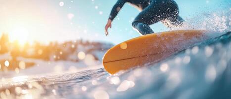 Surfing on ocean waves during sunset, showcasing dynamic moment of adventure and excitement. vibrant colors and splashes of water create lively atmosphere photo
