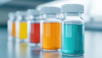 Colorful liquids in glass test tubes create vibrant and scientific atmosphere. arrangement showcases various hues, enhancing visual appeal of laboratory setting photo