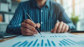 Analyzing customer data reports, business analyst studies graphs and charts with pen in hand, focusing on insights for decision making photo