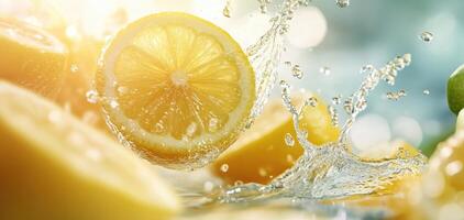 Fresh lemon slices splashing into clear water, creating vibrant yellow droplets. scene captures refreshing essence of citrus fruits in lively and dynamic way photo
