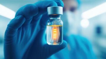 Researcher in blue gloves holding vial with liquid, showcasing sterile environment. vial contains bright substance, emphasizing scientific exploration and innovation photo