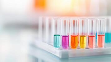 Colorful liquids in laboratory test tubes arranged in rack, showcasing vibrant hues. scene captures essence of scientific exploration and experimentation photo