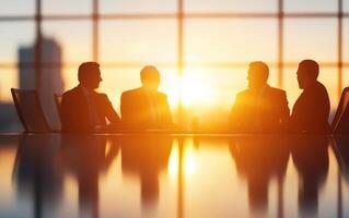 group of professionals discussing strategies during sunset meeting, creating warm and collaborative atmosphere photo