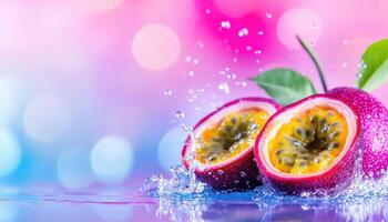 Fresh passion fruit halves with water splashes create vibrant scene, showcasing juicy interior and colorful exterior against blurred background. image evokes refreshing and tropical feel photo