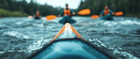Adventurers kayaking on river, showcasing teamwork and excitement. vibrant orange paddles contrast with blue kayaks, creating dynamic scene of outdoor adventure photo