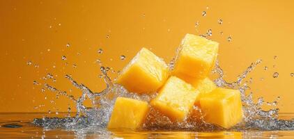 Fresh pineapple chunks splashing into clear water, creating vibrant droplets against bright yellow background. scene captures refreshing and lively moment photo