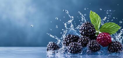 Blackberries and raspberries splashing in water, showcasing deep purple hues and vibrant green leaves, creating refreshing and dynamic scene photo
