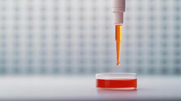 Detailed shot of pipette dispensing liquid into petri dish, showcasing vibrant orange liquid. image captures moment of precision in laboratory setting photo