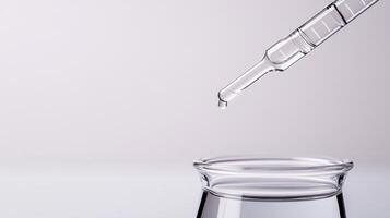 Droplet from pipette falling into glass container, symbolizing precision in laboratory experiments. clean, minimalist design evokes sense of scientific exploration and innovation photo