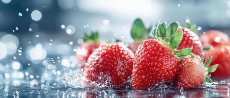 Juicy strawberries with water splashes create refreshing scene, highlighting their vibrant red color and fresh appeal. Perfect for food photography and summer themes photo