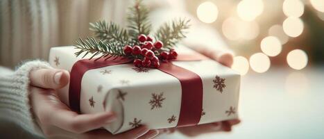 beautifully wrapped Christmas gift held in hands, adorned with festive decorations like pine branches and berries, creating warm holiday atmosphere photo