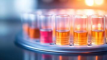 Close up of laboratory centrifuge tube rack with colorful liquid samples. vibrant hues of liquids create engaging visual, showcasing scientific experimentation photo