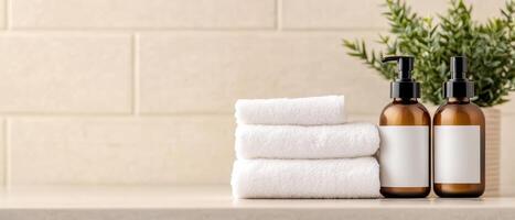 Skincare routine with towels and bottles on bathroom counter, creating serene atmosphere for self care photo