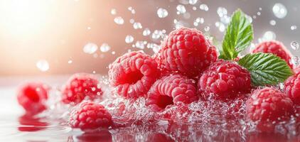 Fresh raspberries with water splashes create vibrant scene, showcasing their juicy texture and rich color. refreshing droplets enhance appeal of these delicious berries photo