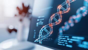 Digital representation of DNA sequence in biotechnology lab, showcasing intricate details and vibrant colors. setup emphasizes advanced technology and research in genetics photo