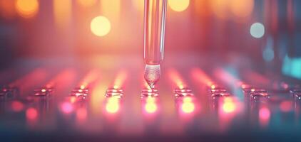 close up view of pipette dropping liquid sample onto gel surface, showcasing vibrant colors and scientific atmosphere. image captures essence of laboratory work and experimentation photo