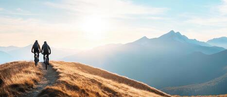 Bikers riding along mountain path during sunset, surrounded by scenic views. warm light creates serene atmosphere, perfect for outdoor adventures photo
