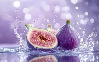 Fresh figs cut in half with water splashes, showcasing their rich purple color and juicy interior, create vibrant and refreshing scene photo