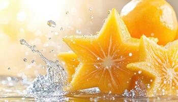 Fresh starfruit slices with vibrant yellow color create splash in water, showcasing their juicy texture and refreshing appeal. This captures essence of tropical fruits beautifully photo