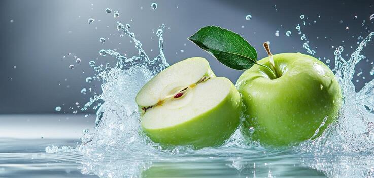 Fresh green apple halves splashing into clear water, creating dynamic droplets and refreshing scene. vibrant color and motion evoke sense of vitality and freshness photo