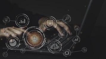 Man using labtop with internet of things concept. new technology bigdata and business process strategy, customer service management, cloud computing, smart industry. Ai technology. photo