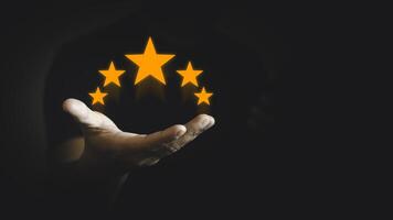 Customer evaluation feedback. men using phone and giving positive review for Client's Satisfaction Surveys. giving a five star rating. Service rating, satisfaction concept. photo