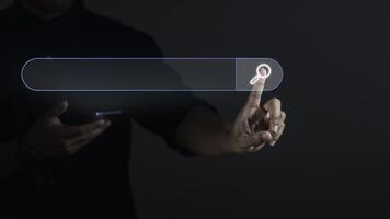 Search Engine Optimization SEO Networking Concept. Businessman using smartphone and touching search icon on virtual screen. photo