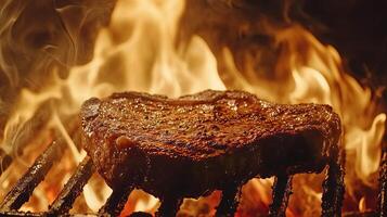 A close up of the sizzling ribeye steak on an open flame grill, photo