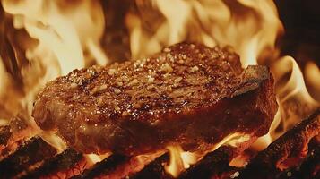 A close up of the sizzling ribeye steak on an open flame grill, photo