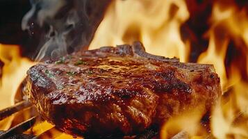A close up of the sizzling ribeye steak on an open flame grill, photo