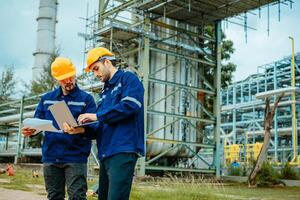 Teamwork Industry in oil refinery equipment Check and check the condition of the machinery system , Engineering concept. photo