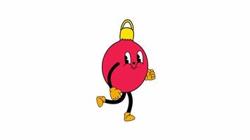 Retro christmas ball character. Walk. Loop animation. Alpha channel video