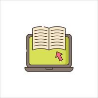 A laptop with an open book and an arrow pointing to it vector