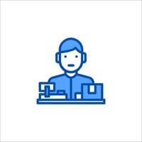 A man in a blue shirt is sitting at a desk with a computer vector