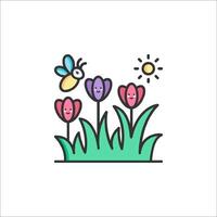 A cartoon bee and flowers with the sun in the background vector